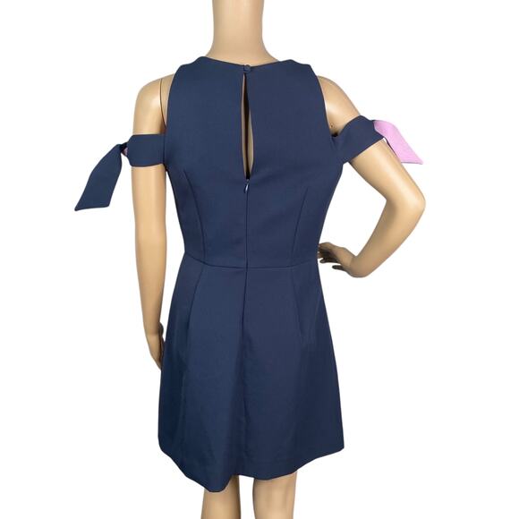 Milly $450 Madison Navy Blue Bow Detail Cold Shoulder A-line Dress SZ 8 - Picture 6 of 12